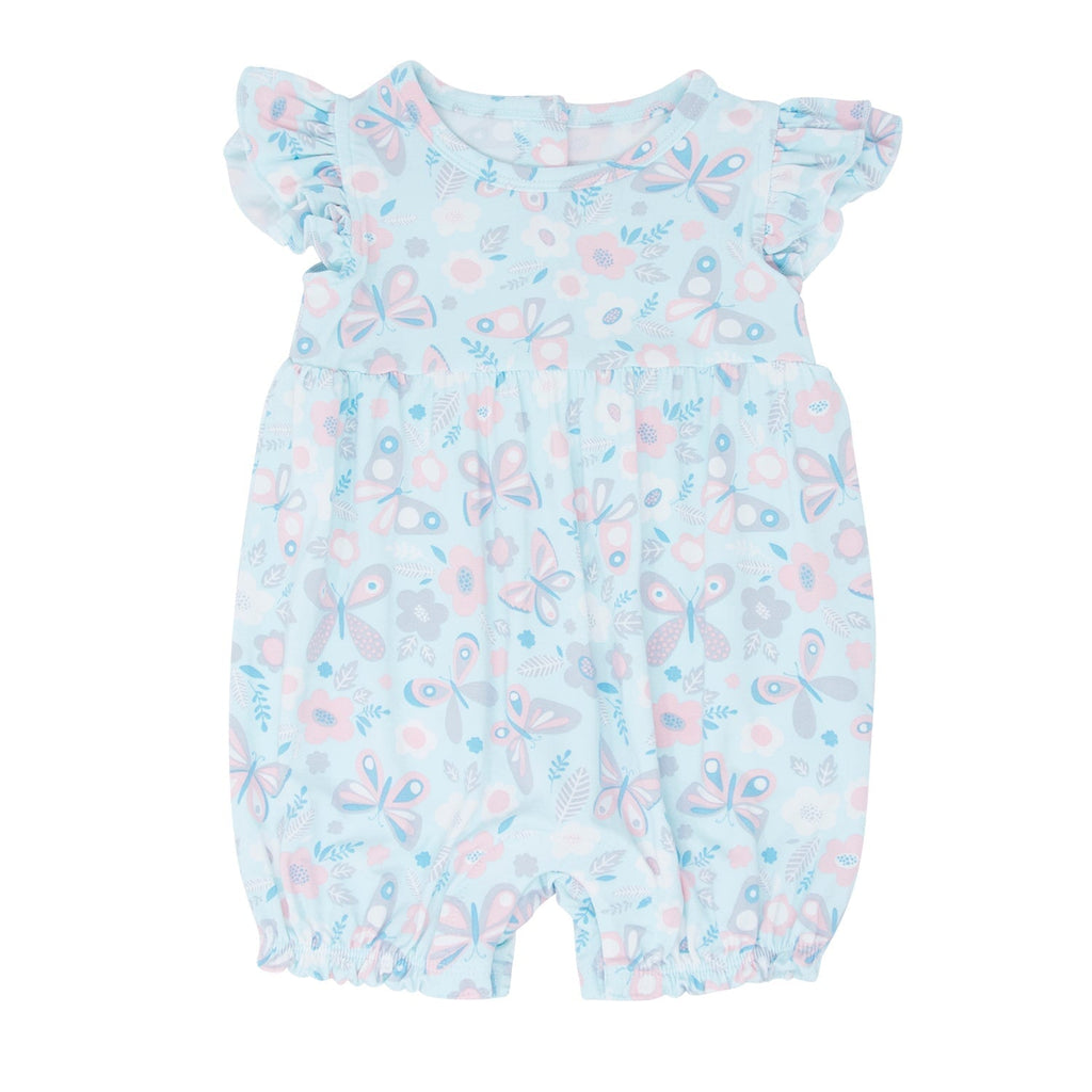 Light aqua ruffle romper, front view, flutter sleeves and all-over bird-and-butterfly print