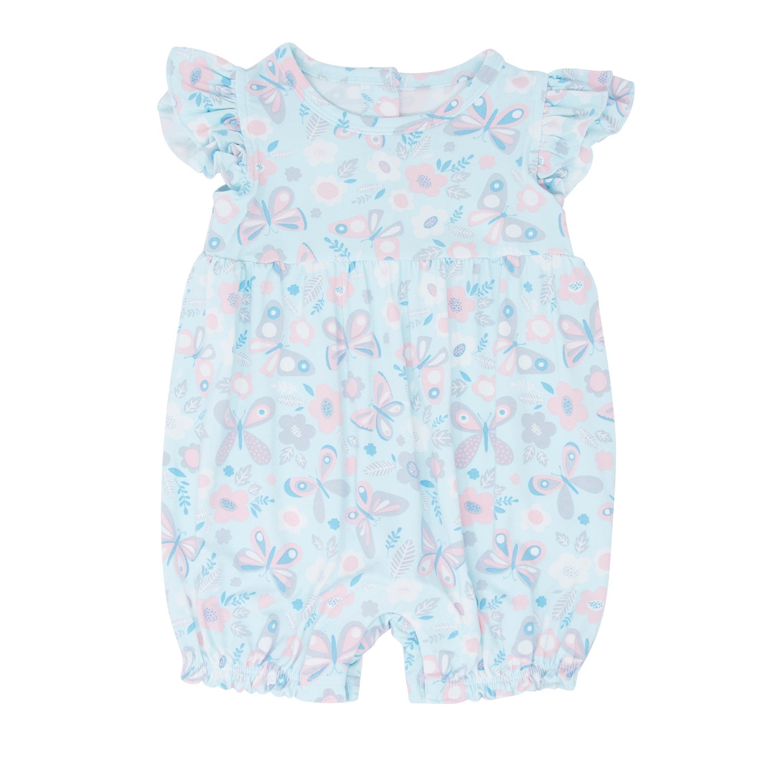 Light aqua ruffle romper, front view, flutter sleeves and all-over bird-and-butterfly print