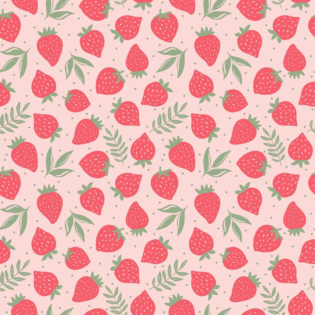 Strawberry print fabric swatch with pink berries and green leaves