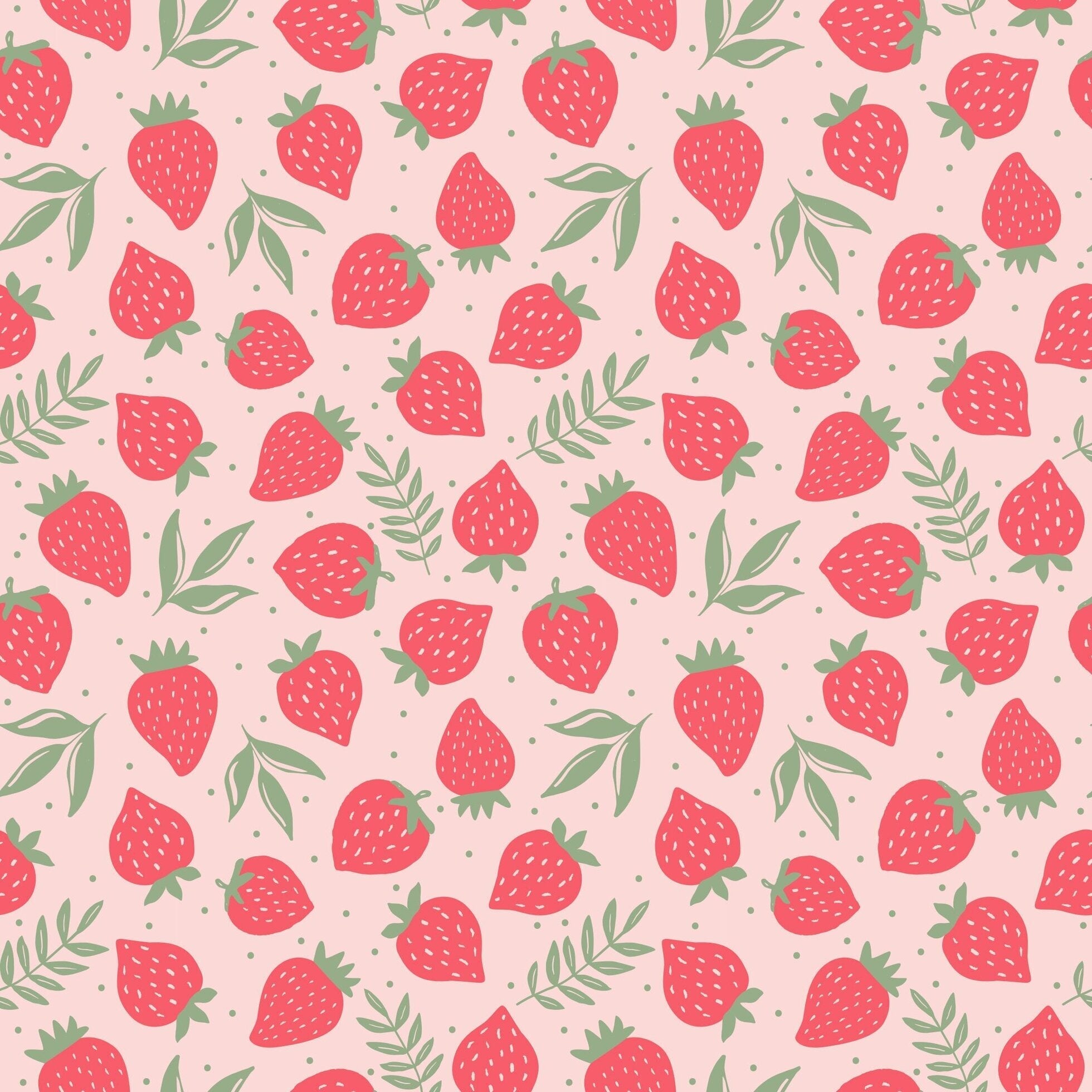 Strawberry print fabric swatch with pink berries and green leaves