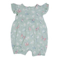 Mint butterfly daisy bamboo ruffle romper with flutter sleeves and gathered neckline