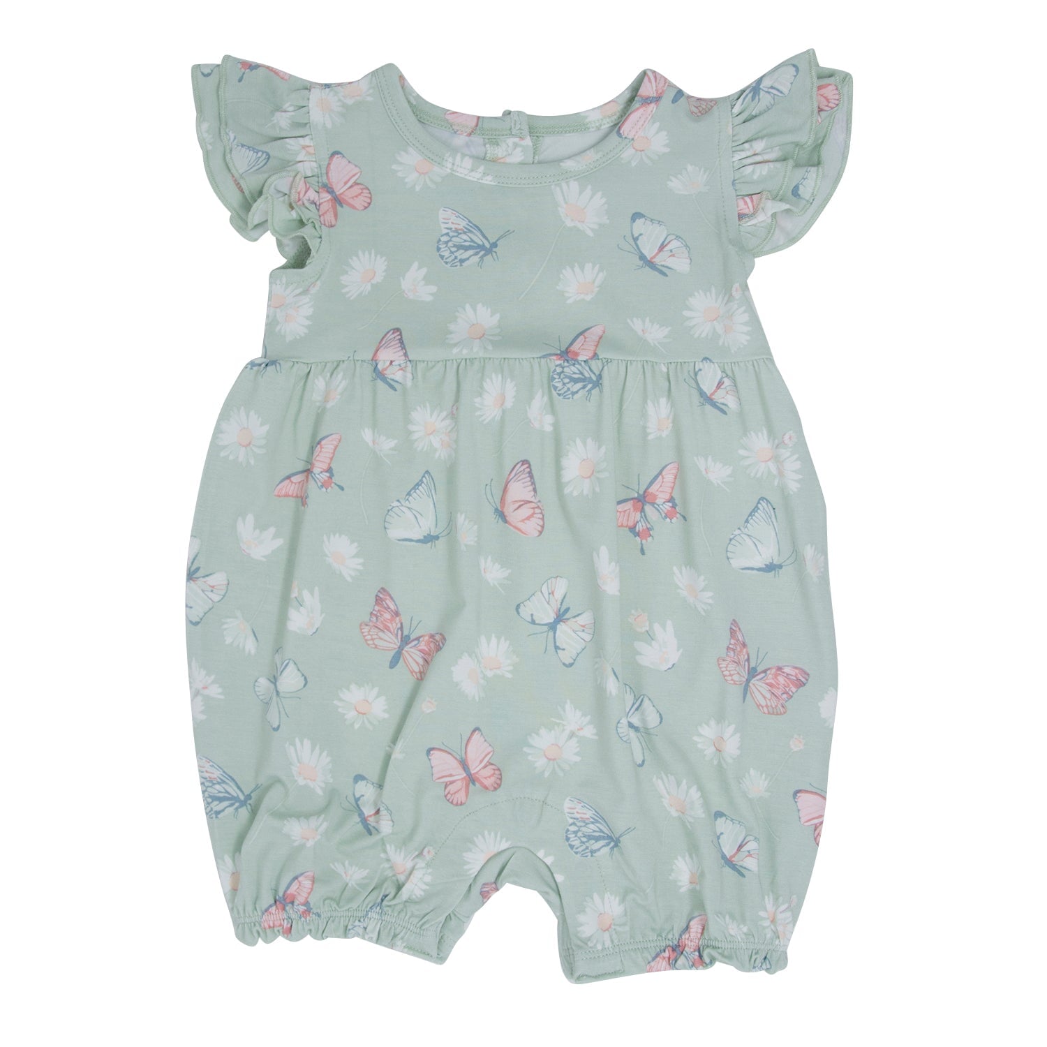 Mint butterfly daisy bamboo ruffle romper with flutter sleeves and gathered neckline