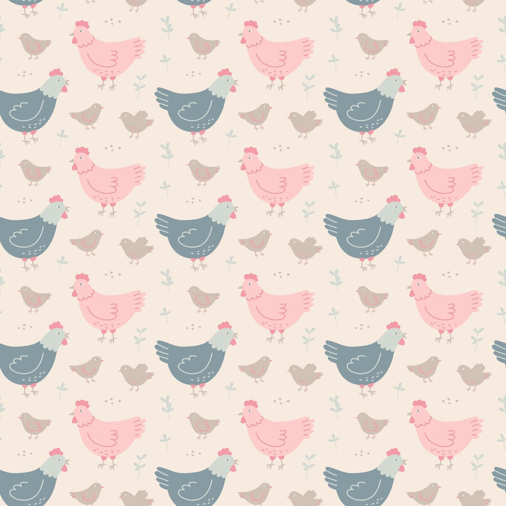 Pattern swatch of pastel hens and birds on light fabric