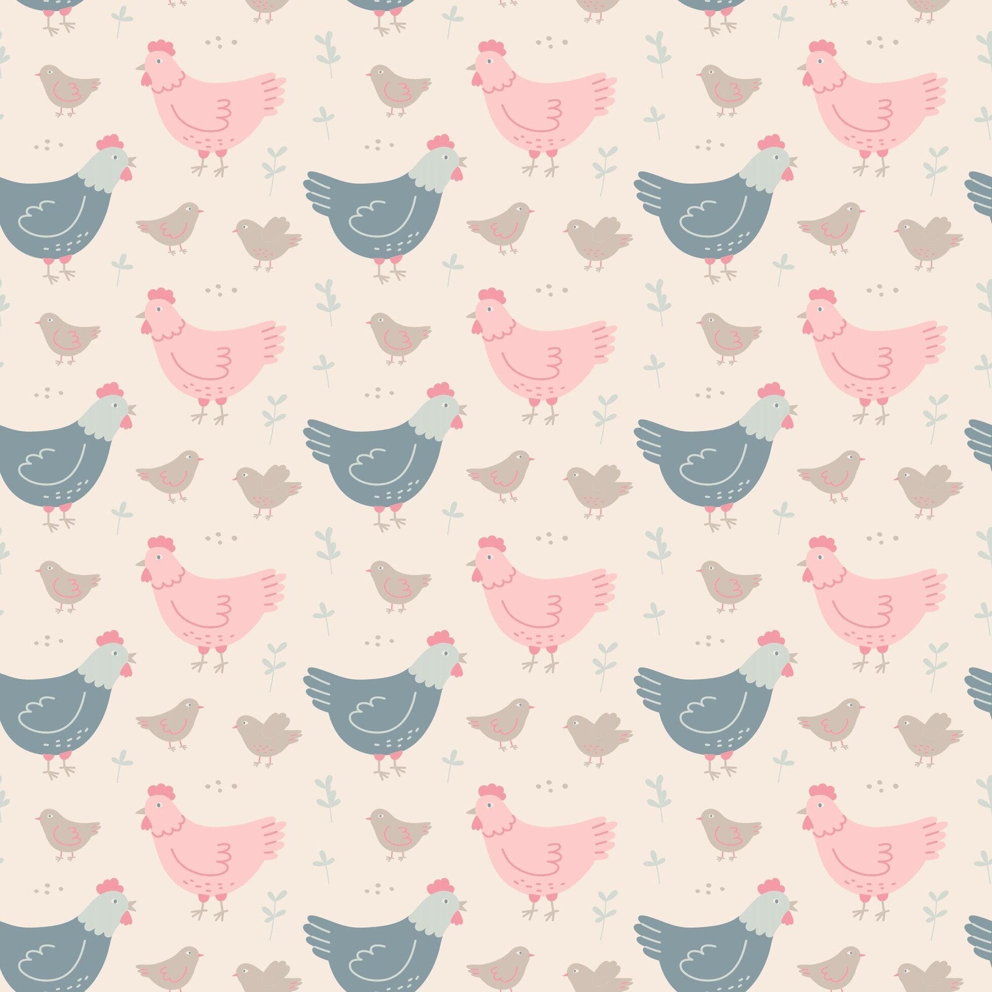 Pattern swatch of pastel hens and birds on light fabric