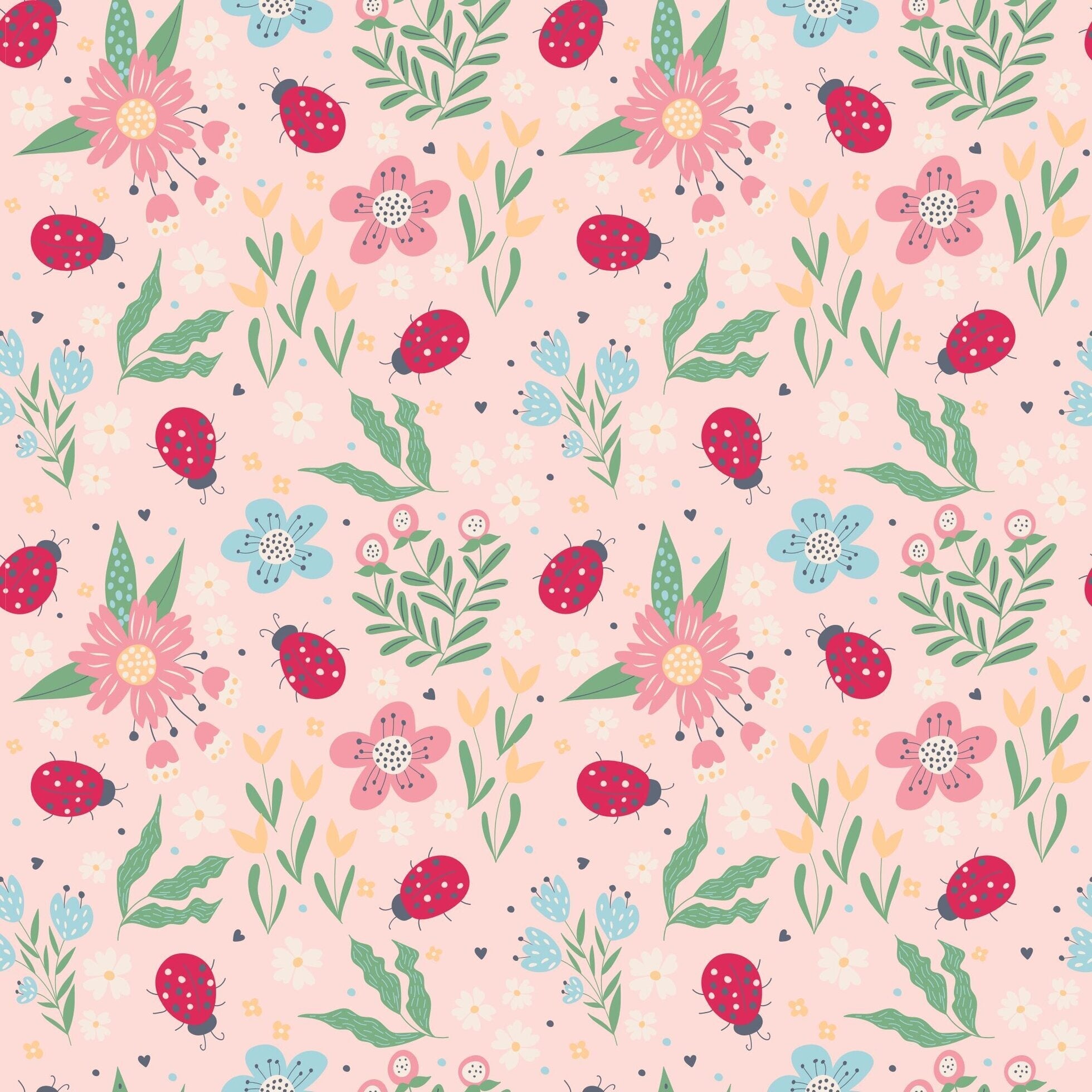 Kids romper fabric swatch with pink flowers, ladybugs, and green leaf pattern