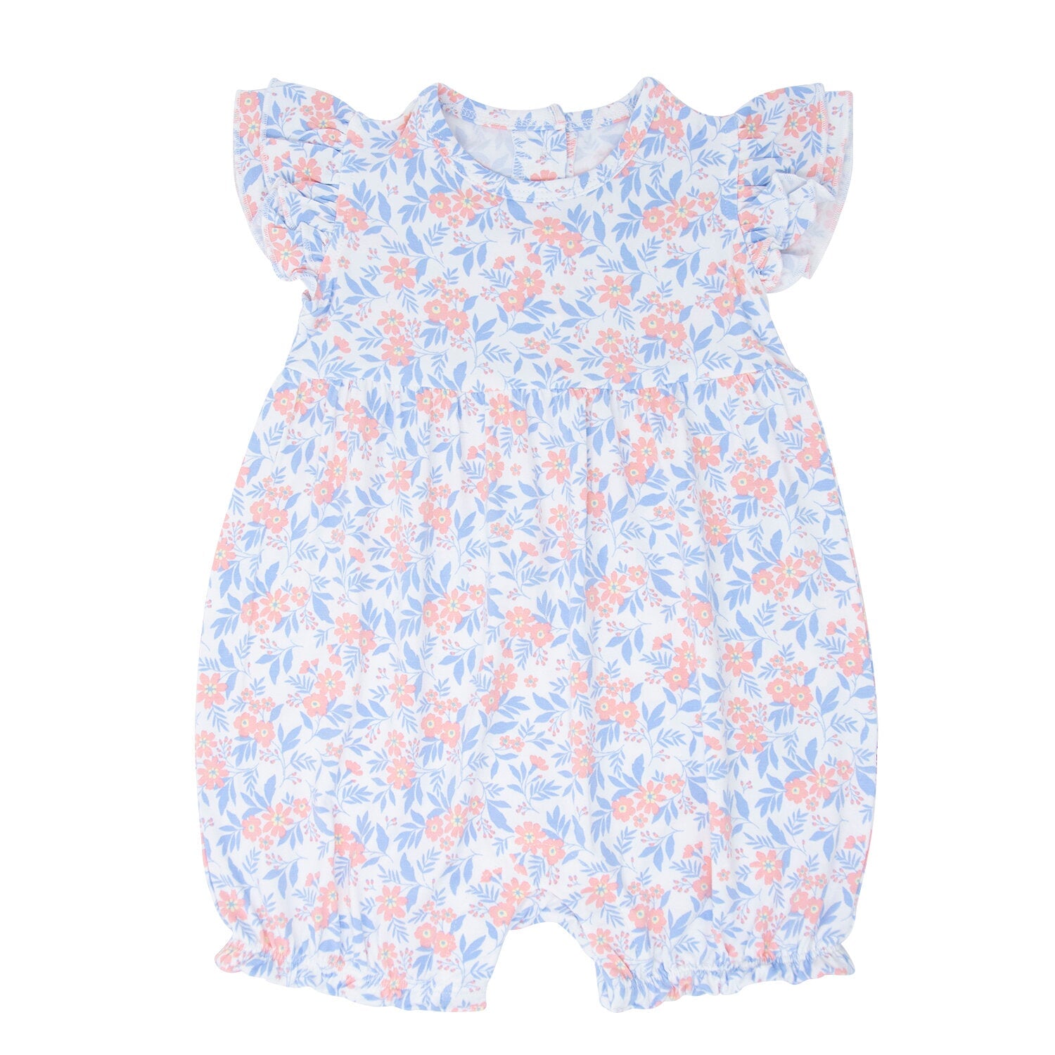 Girls floral ruffle romper with flutter sleeves, gathered yoke, and short legs