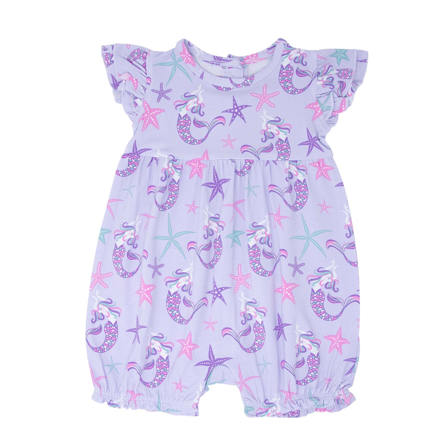 Lavender ruffle romper with flutter sleeves and mermaid, starfish print
