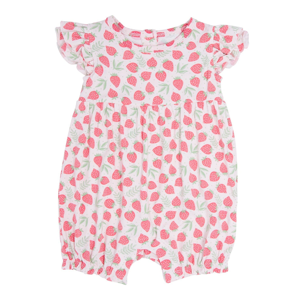 Ruffle-sleeve romper with strawberry print, short legs