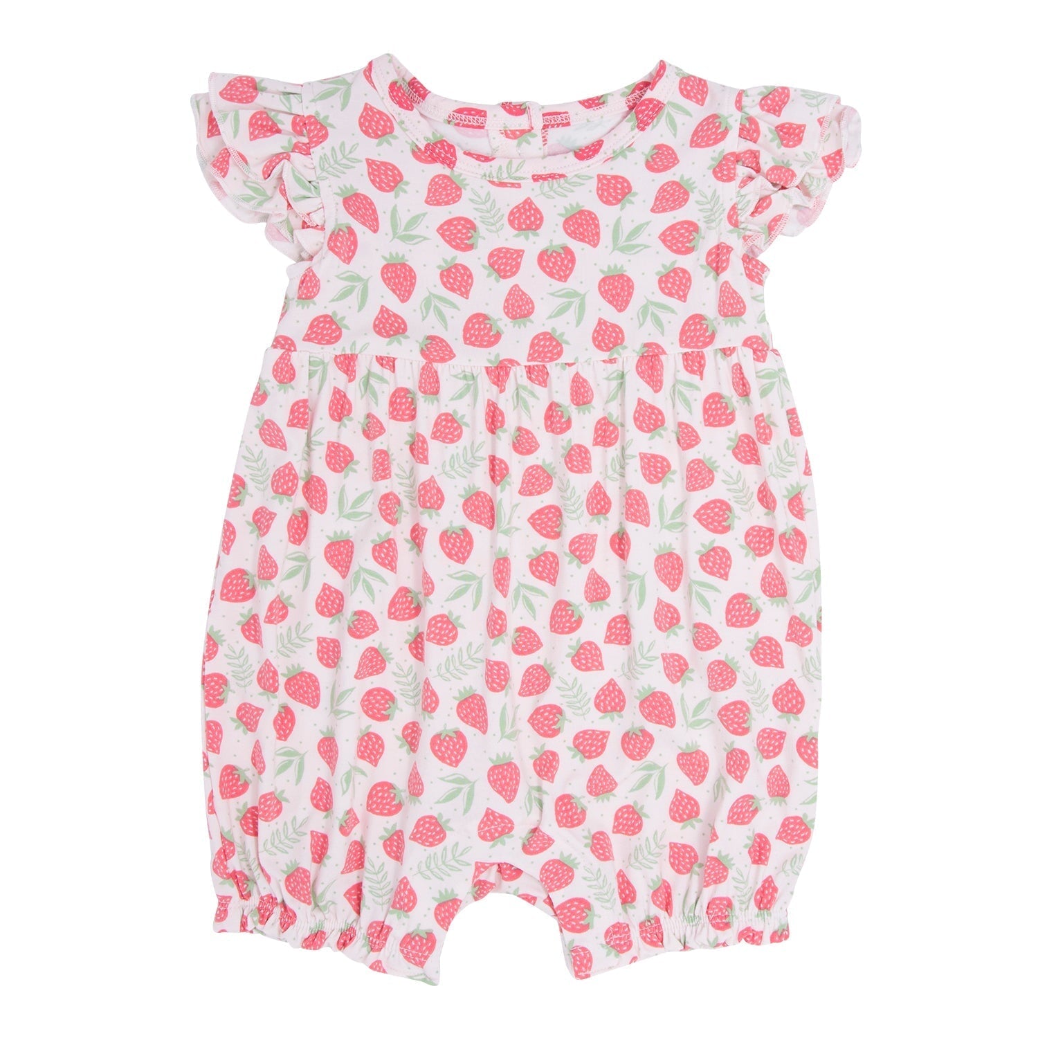 Ruffle-sleeve romper with strawberry print, short legs