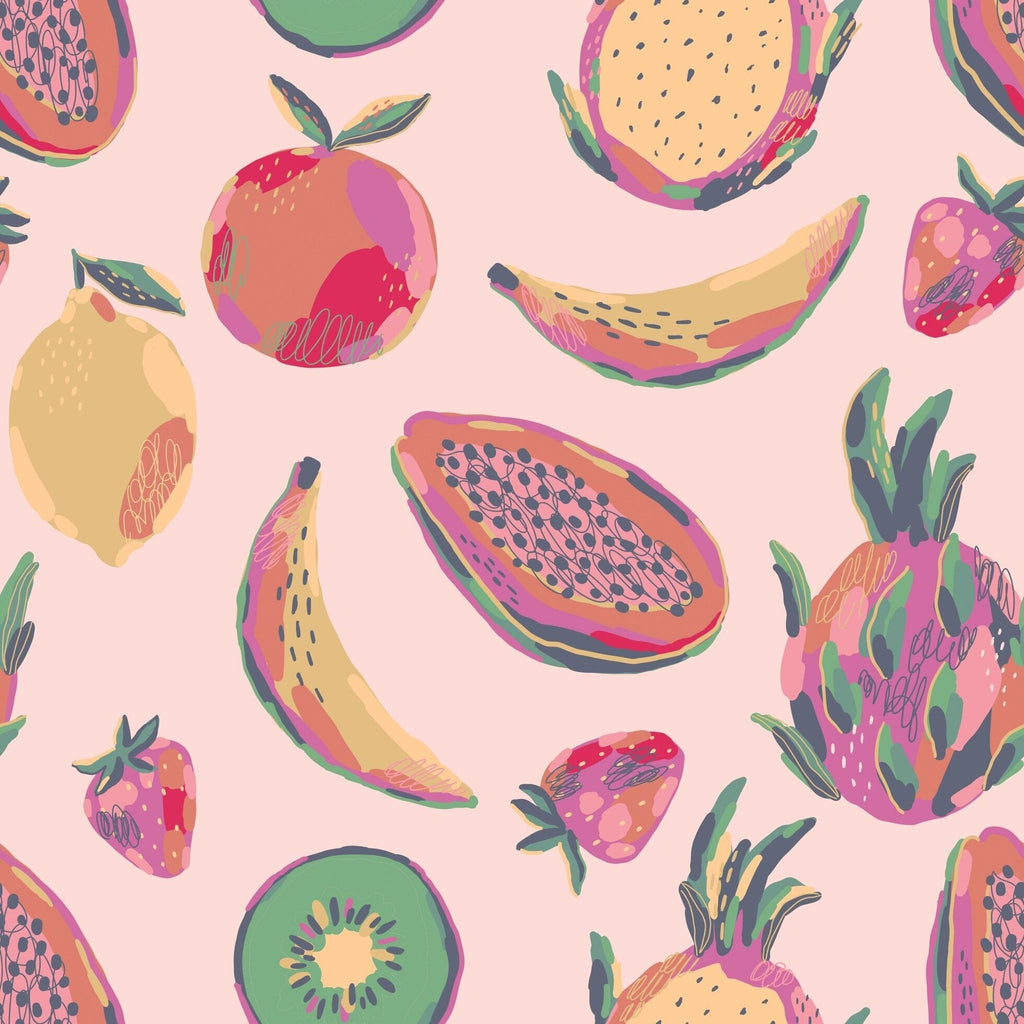 Fruit pattern fabric with multicolor tropical shapes on light pink