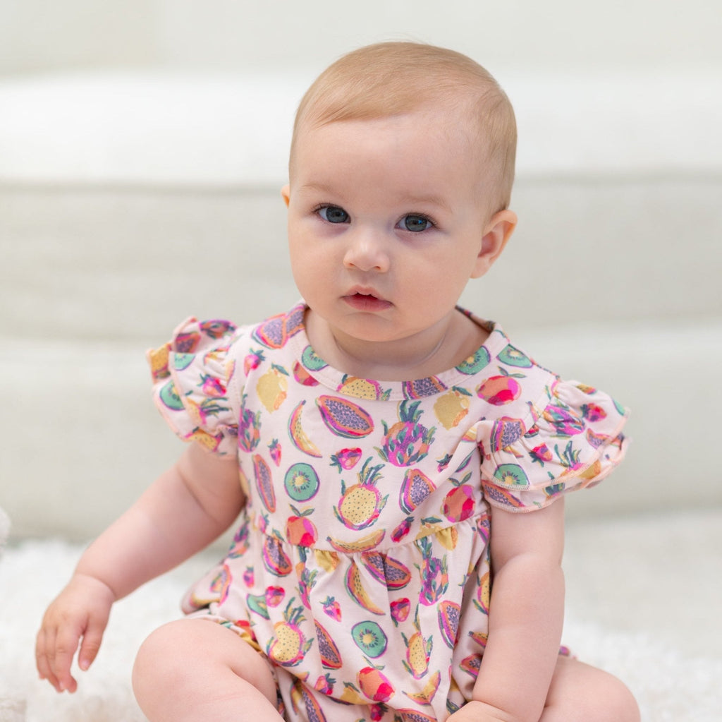 Fruit-print ruffle romper for girls, flutter sleeves, gathered waist
