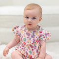 Fruit-print ruffle romper for girls, flutter sleeves, gathered waist