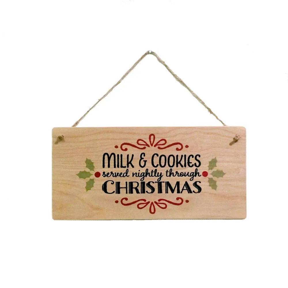 Hanging wood wall sign with rope hanger, Milk & Cookies Christmas message