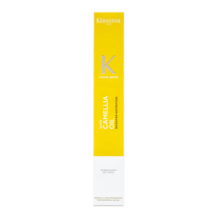 Yellow Kerastase hair care booster carton with vertical label and K logo
