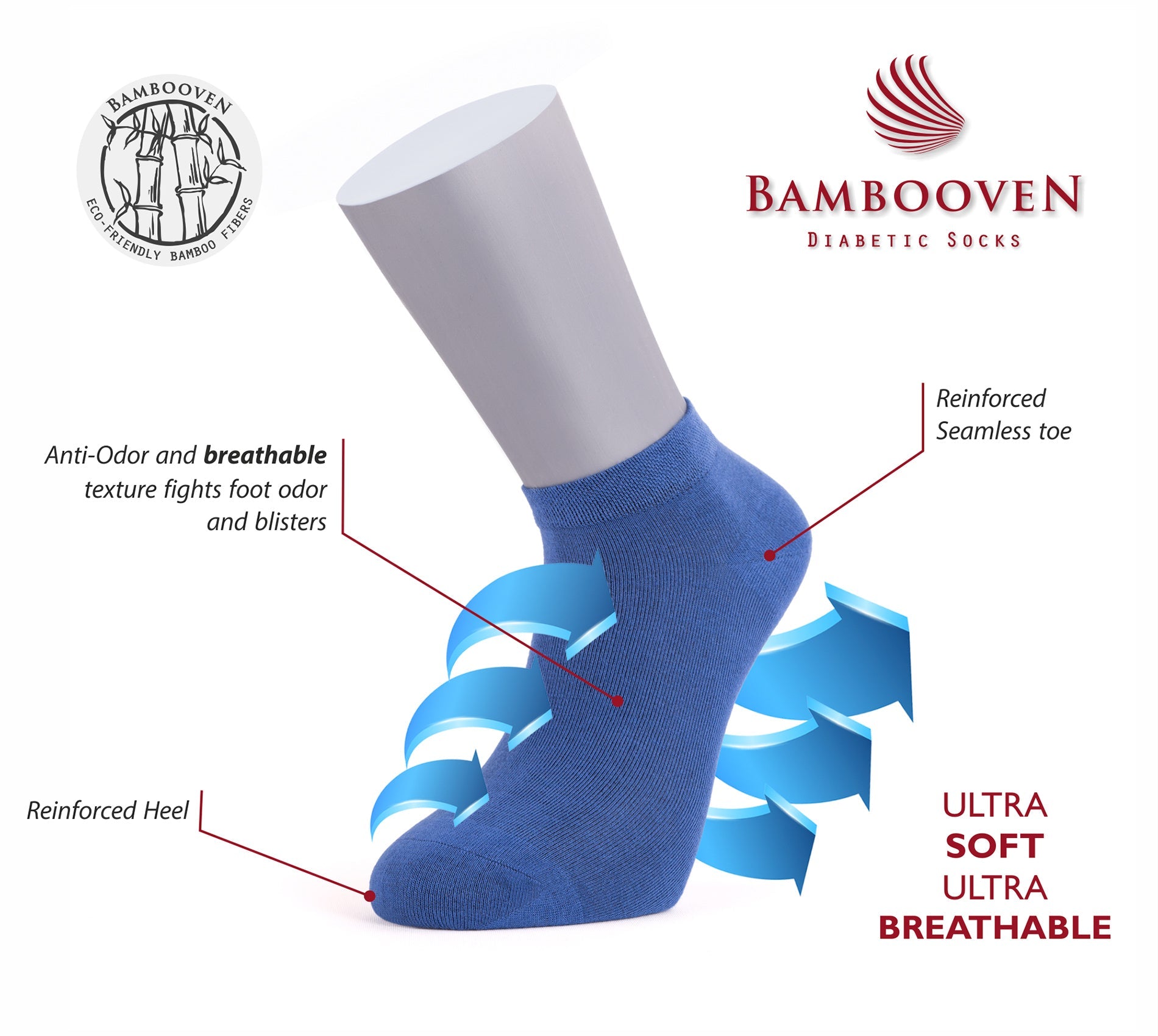 Lightweight blue crew socks with reinforced heel and seamless toe design.