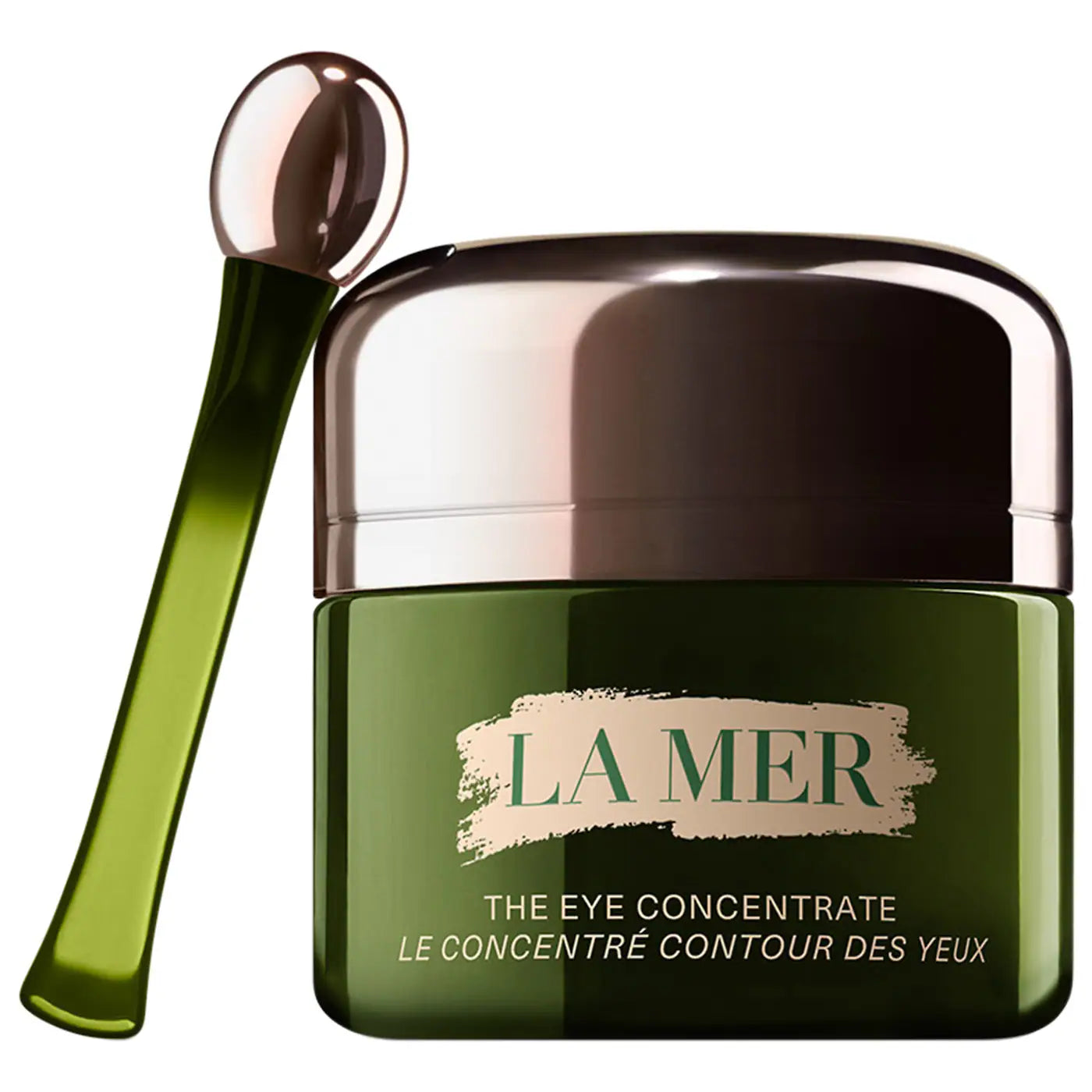 Eye concentrate cream jar, dark green with La Mer label and curved applicator scoop