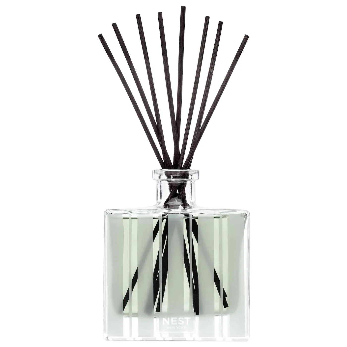 Square clear glass reed diffuser bottle with dark reeds