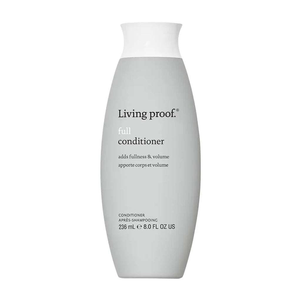 Living proof full conditioner bottle, light gray bottle with white cap and back label