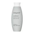 Living proof full conditioner bottle, light gray bottle with white cap and back label
