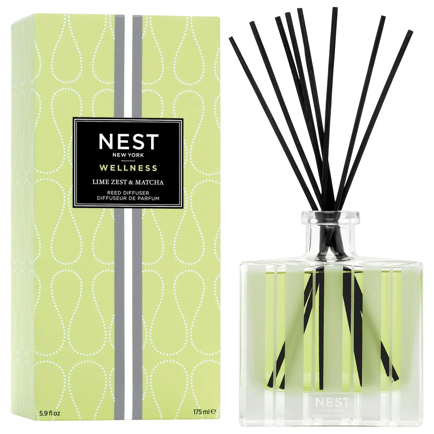 NEST reed diffuser bottle with lime green and clear glass, black reeds, 5.9 oz