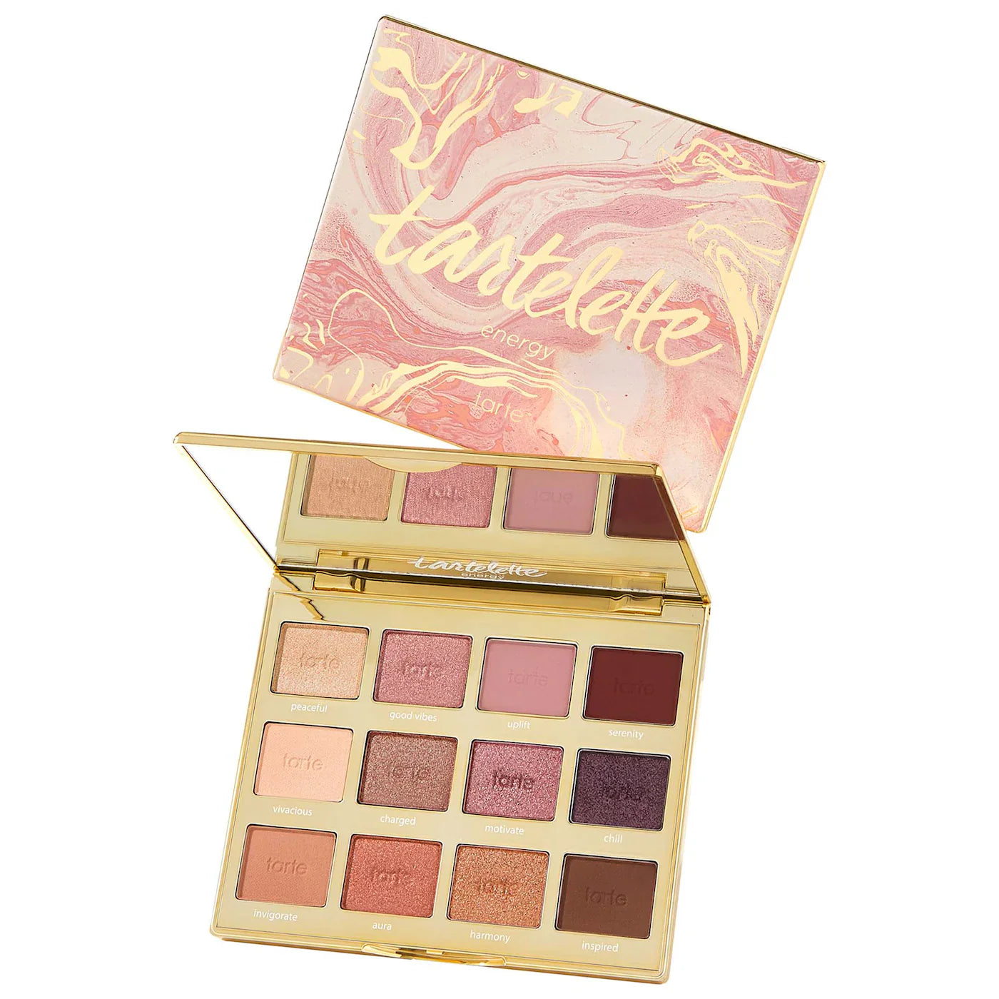 Eyeshadow palette with 12 pans, open lid—Tartelette Energy Amazonian Clay