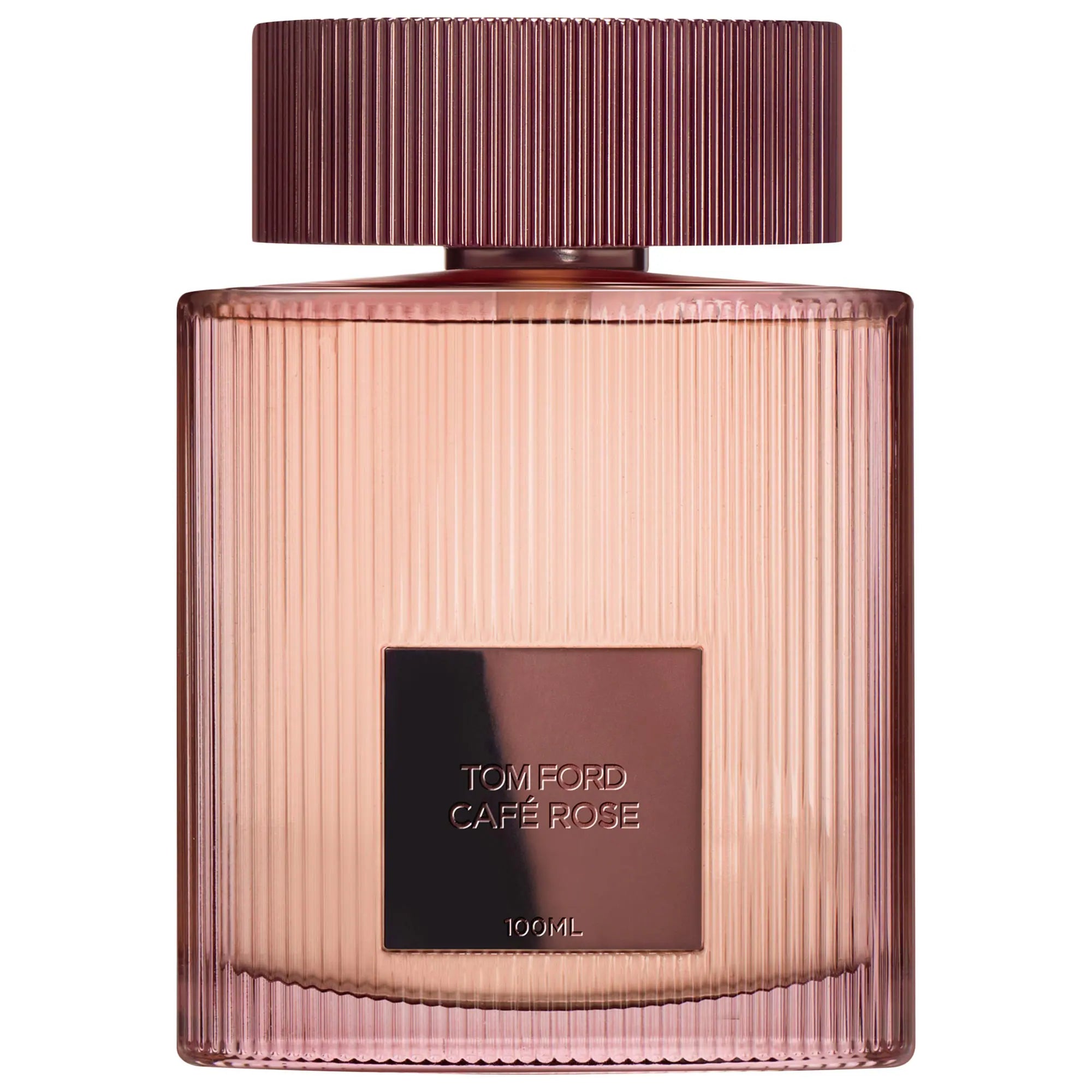Tom Ford Cafe Rose eau de parfum bottle, ribbed glass with maroon cap.
