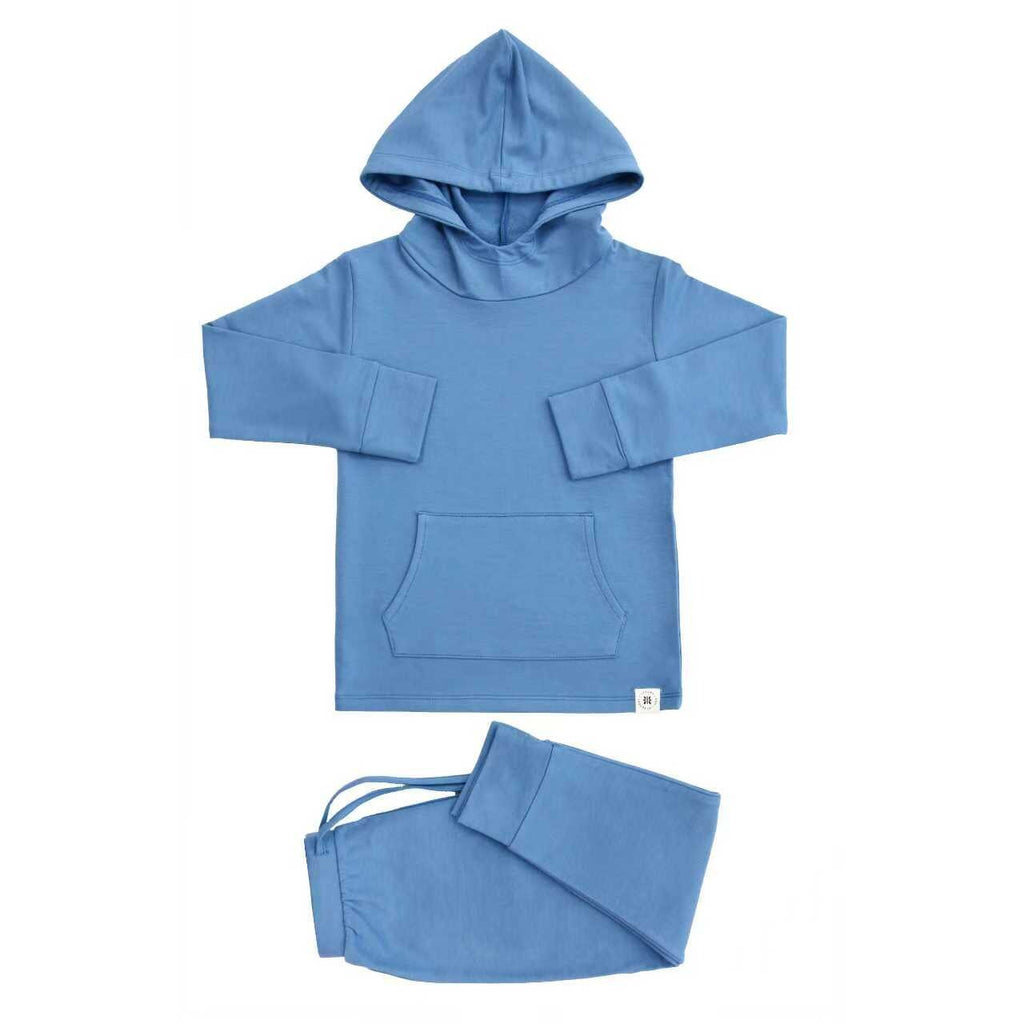 Blue hooded jogger set: pullover hoodie and jogger pants with drawstring