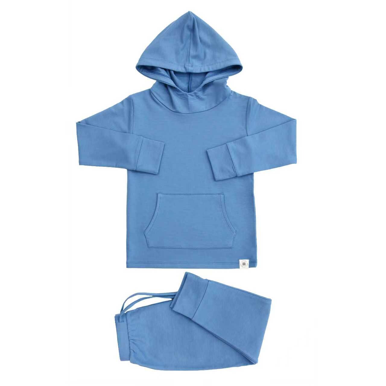 Blue hooded jogger set: pullover hoodie and jogger pants with drawstring