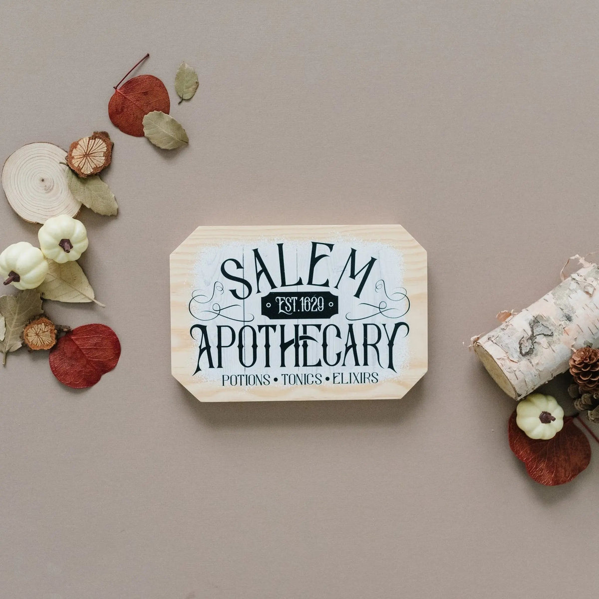 Octagonal wood block sign reading 'SALEM APOTHECARY'