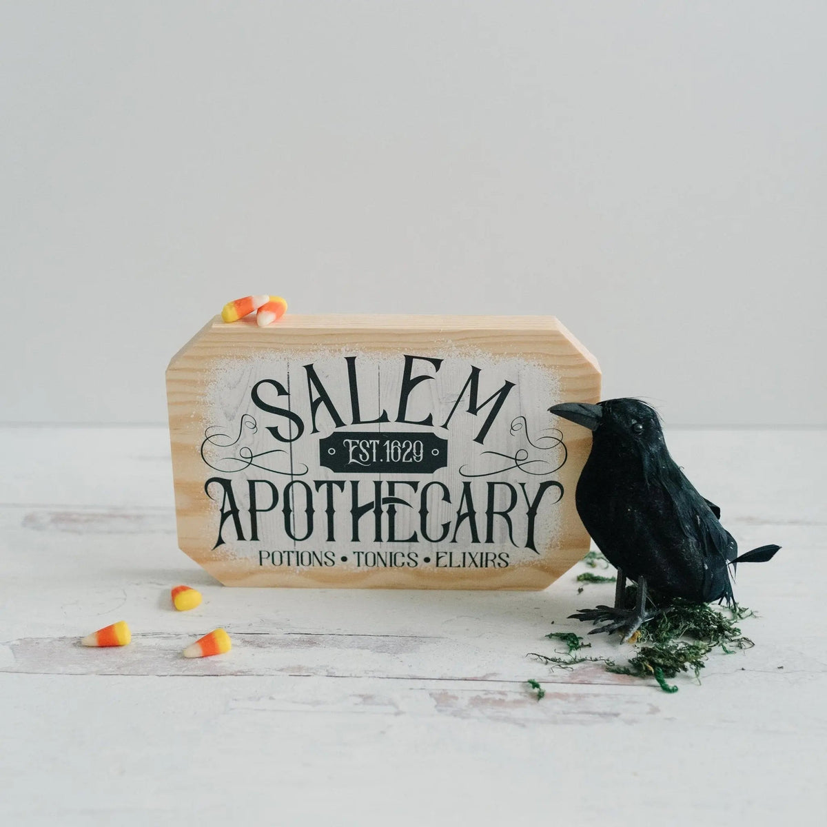 Octagonal wood block sign, 'SALEM APOTHECARY' and 'POTIONS • TONICS • ELIXIRS'