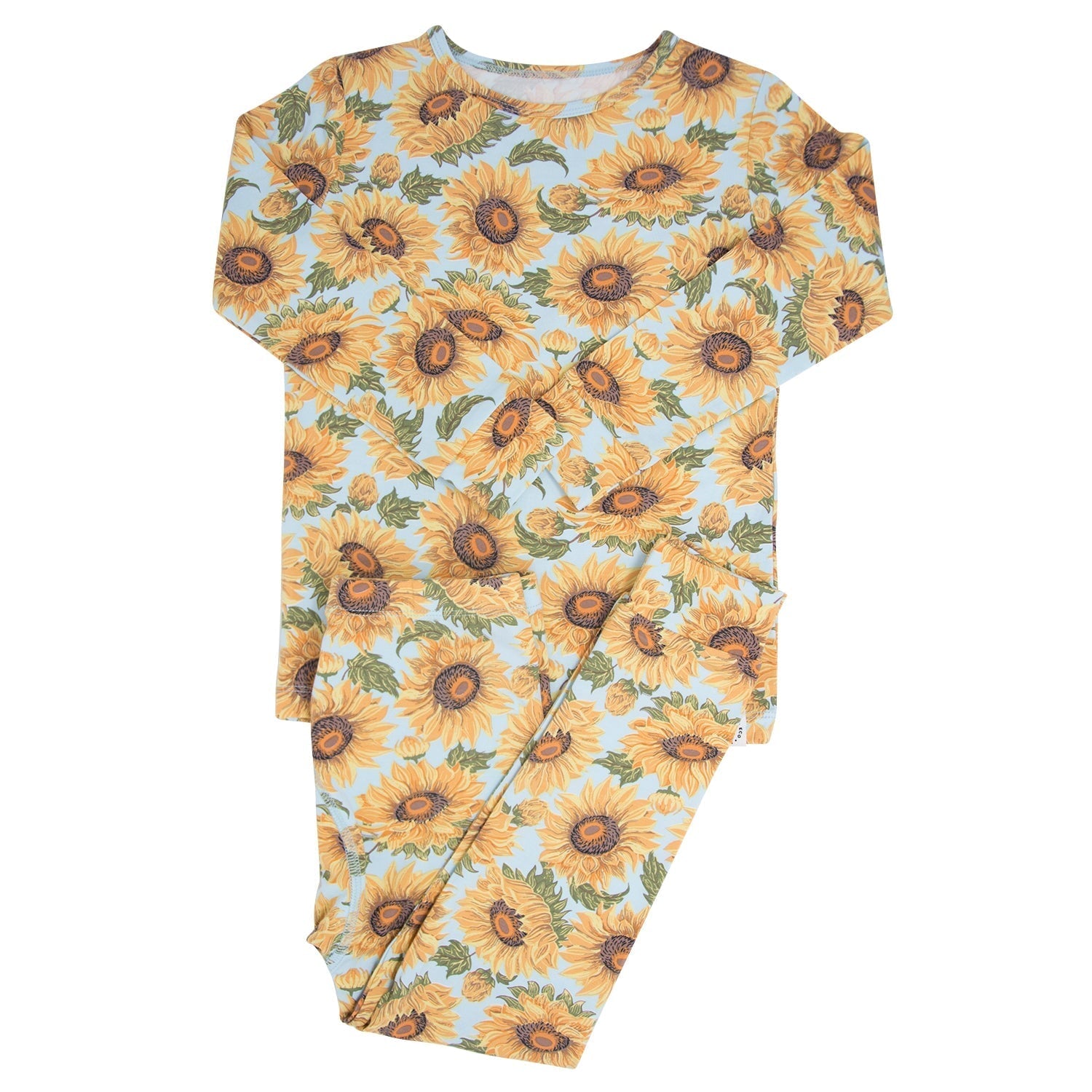 Kids long-sleeve pajama top with yellow sunflower print and crew neck