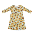 Girls long-sleeve boho dress with sunflower floral print, gathered skirt