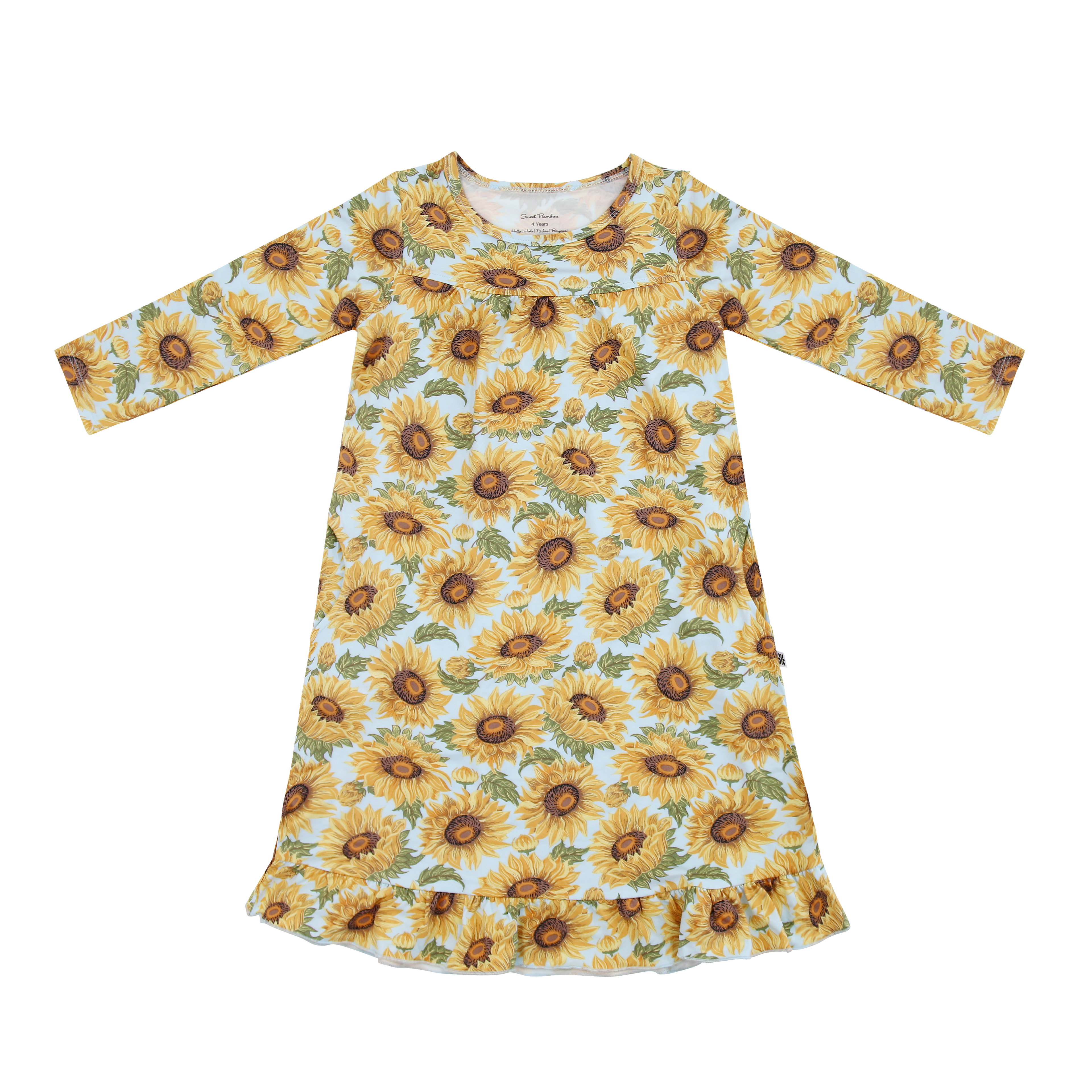 Girls long-sleeve boho dress with sunflower floral print, gathered skirt