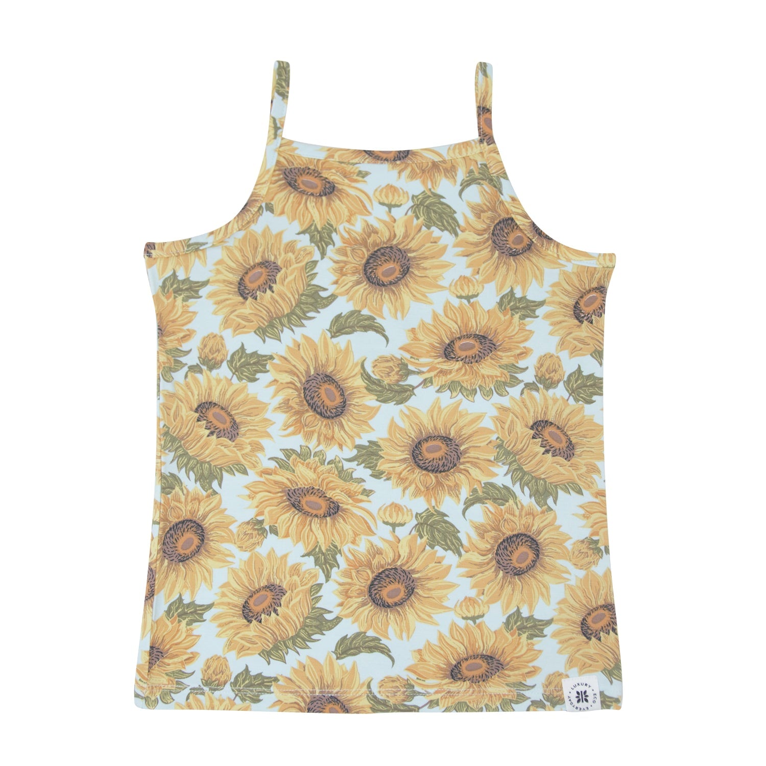 Girls sunflower camisole with spaghetti straps, yellow and blue floral print