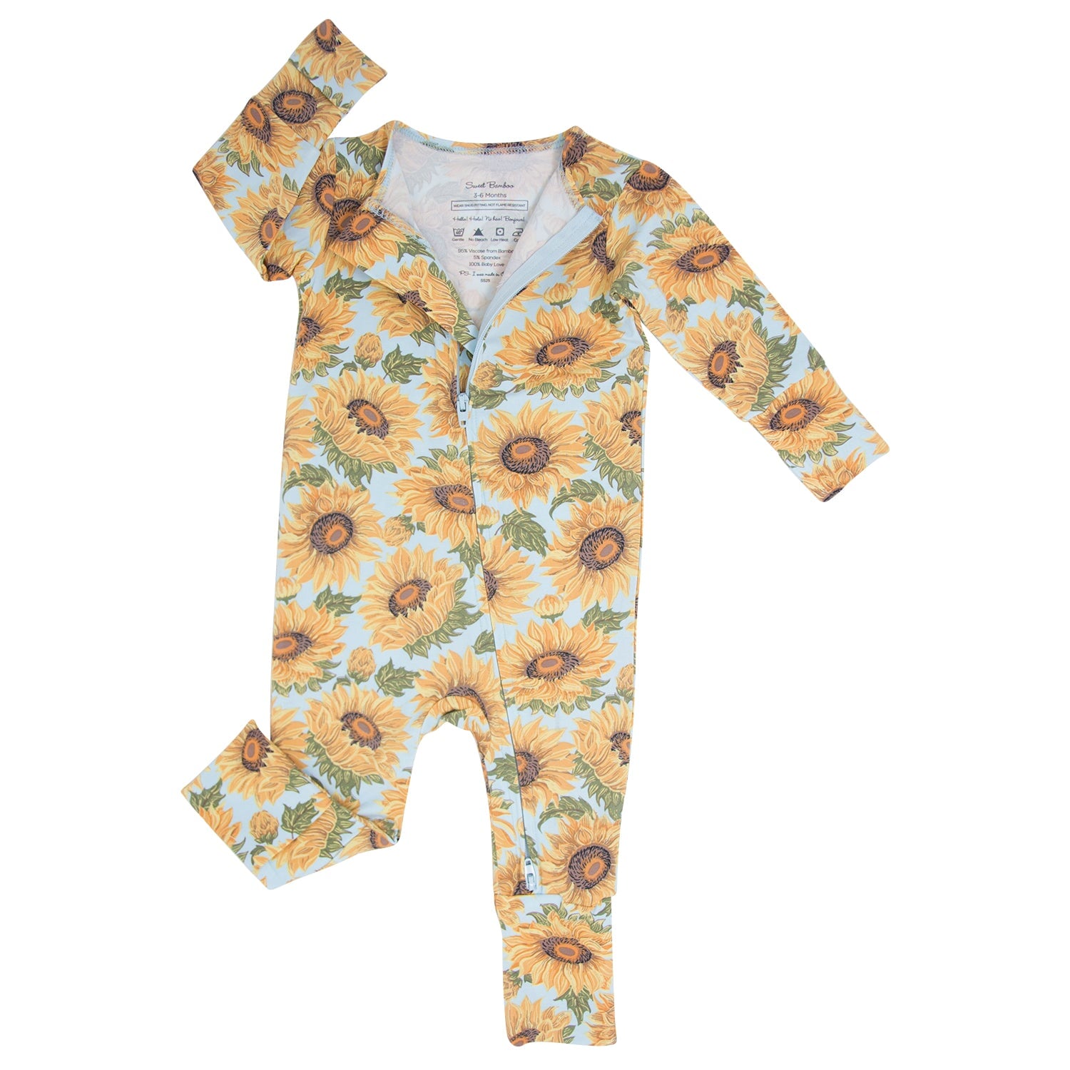 Light blue sunflower-print long-sleeve footed romper with long sleeves and cuffs