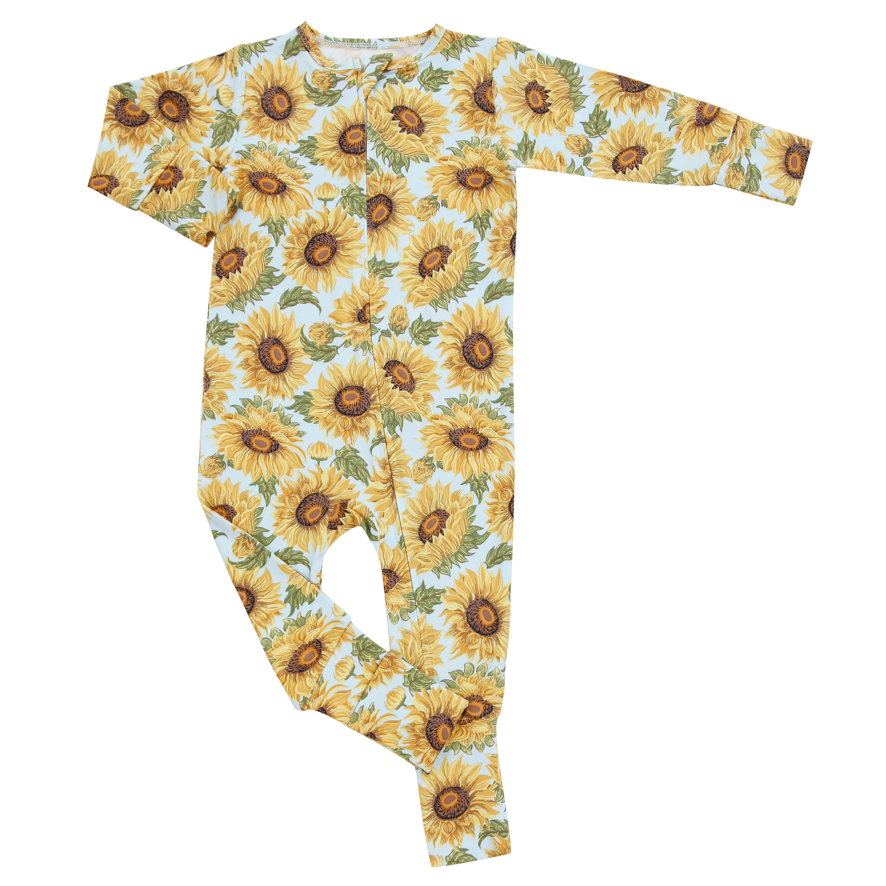 Light blue sunflower-print long-sleeve footed romper, full-body front view