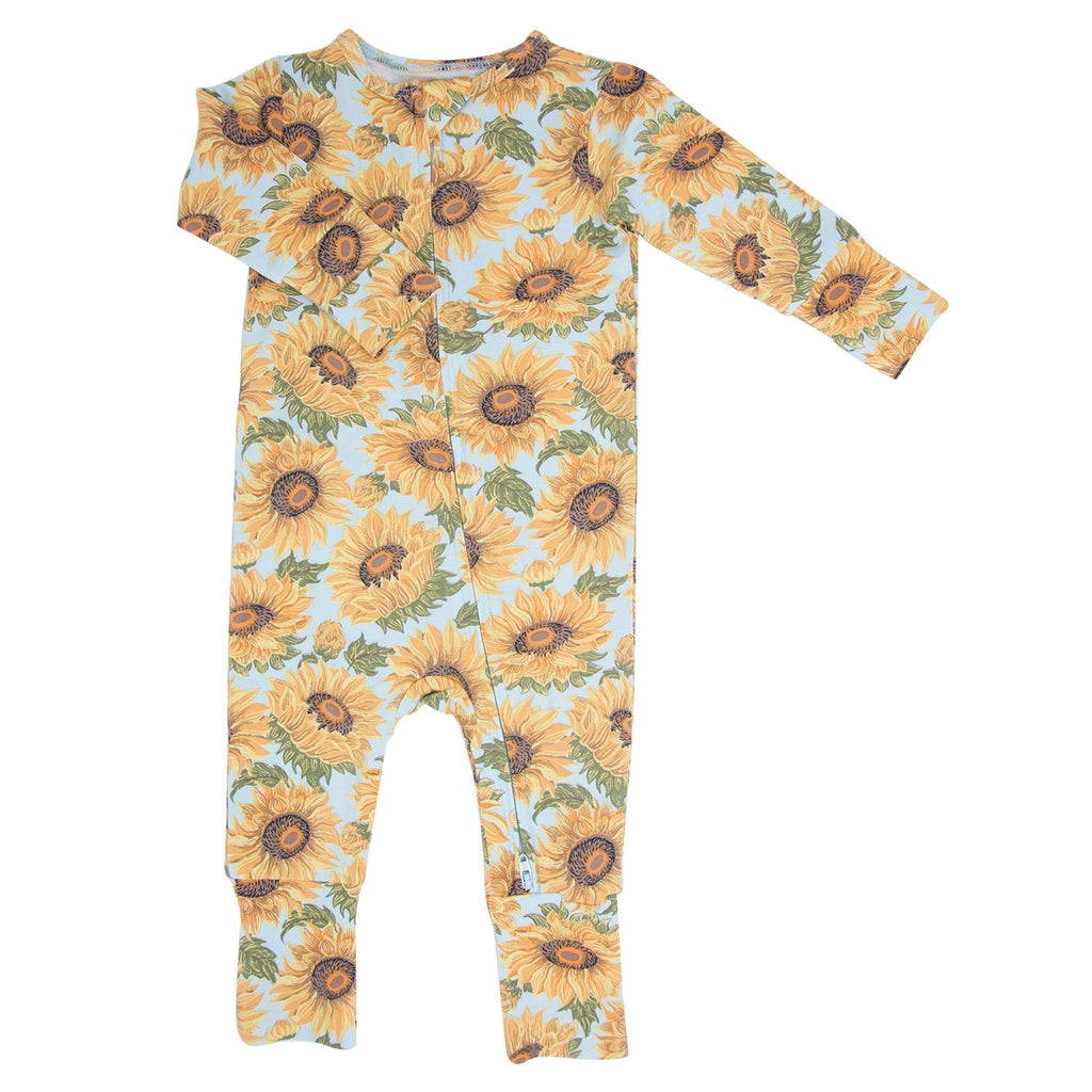 Light blue sunflower-print long-sleeve footed romper with front opening