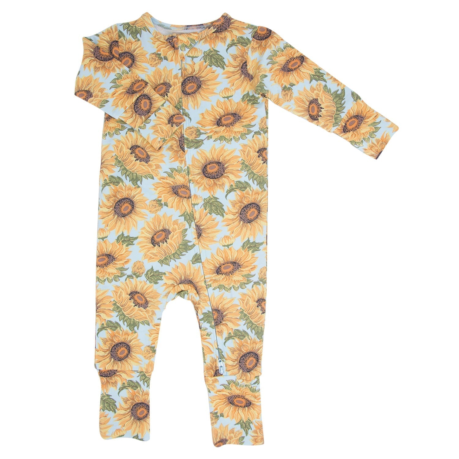 Light blue sunflower-print long-sleeve footed romper with front opening