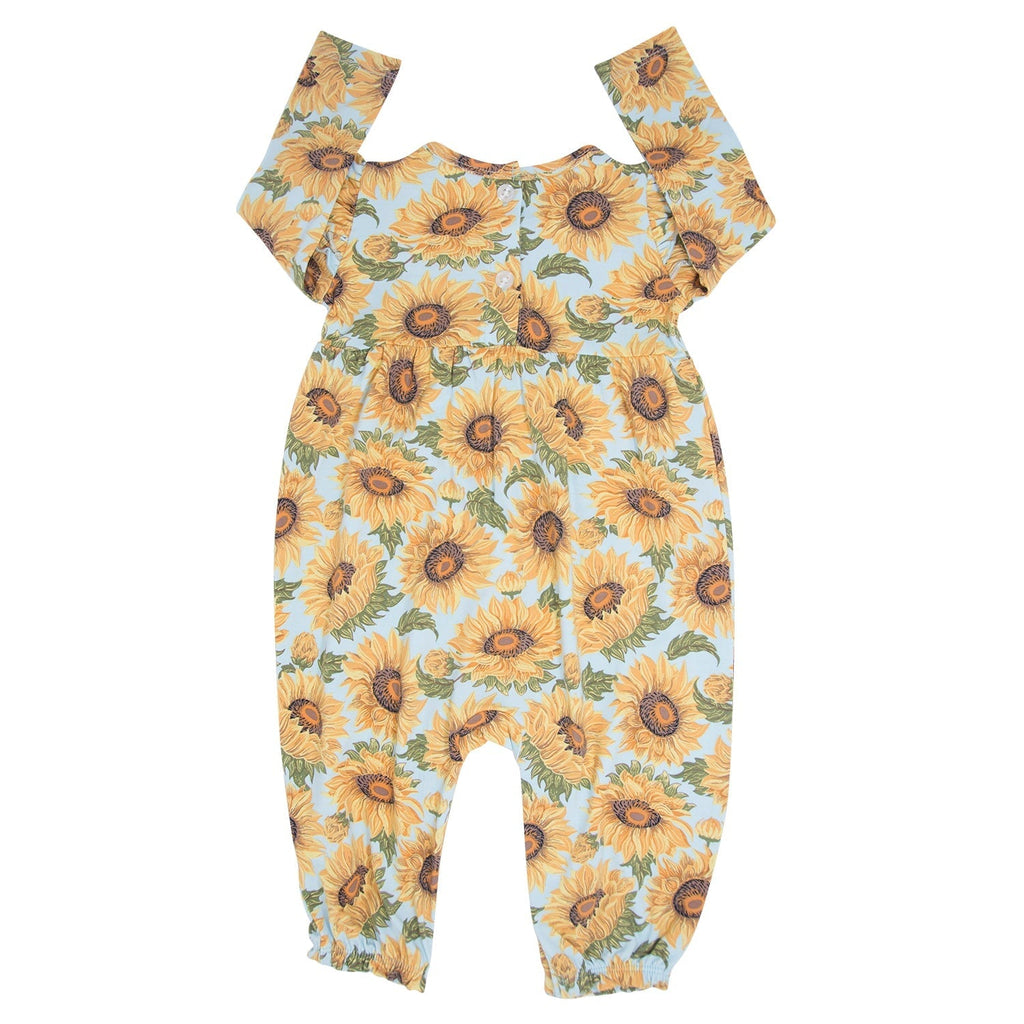Sunflower print romper with flutter sleeves, light blue with orange-yellow flower pattern
