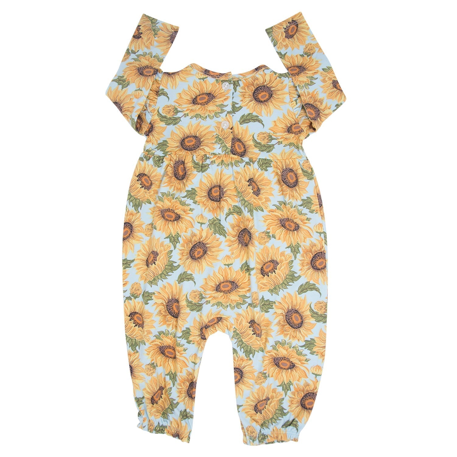 Sunflower print romper with flutter sleeves, light blue with orange-yellow flower pattern