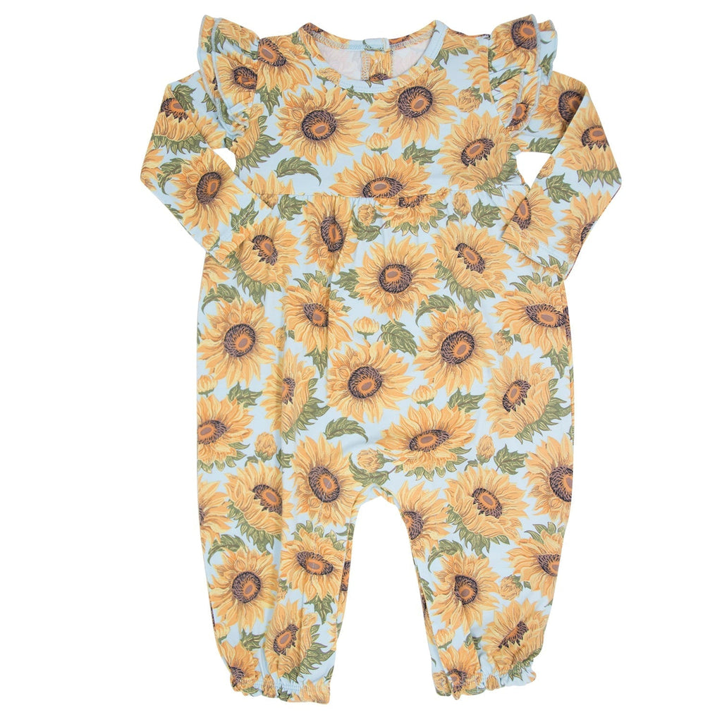 Sunflower print romper with flutter sleeves, light blue with orange-yellow blooms