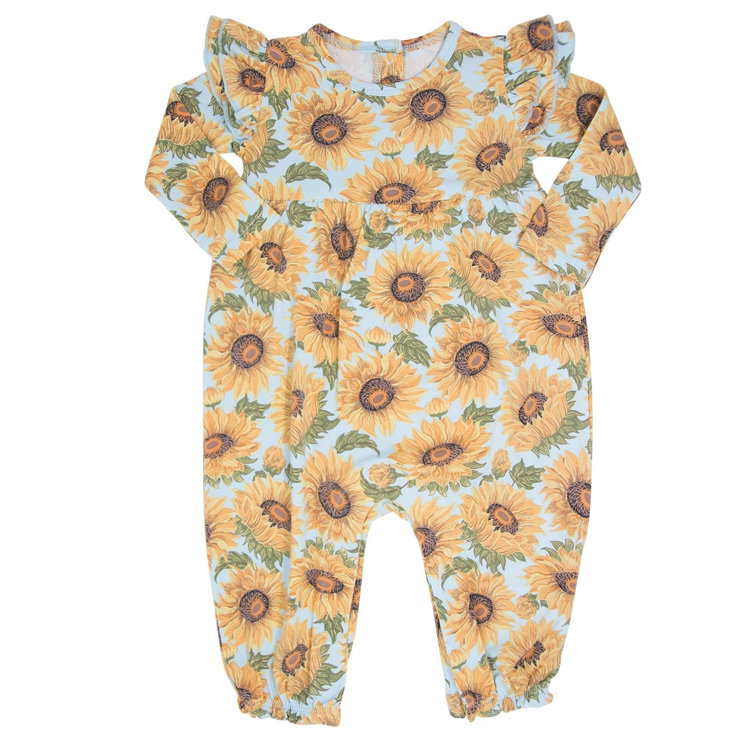 Sunflower print romper with flutter sleeves, light blue with orange-yellow blooms