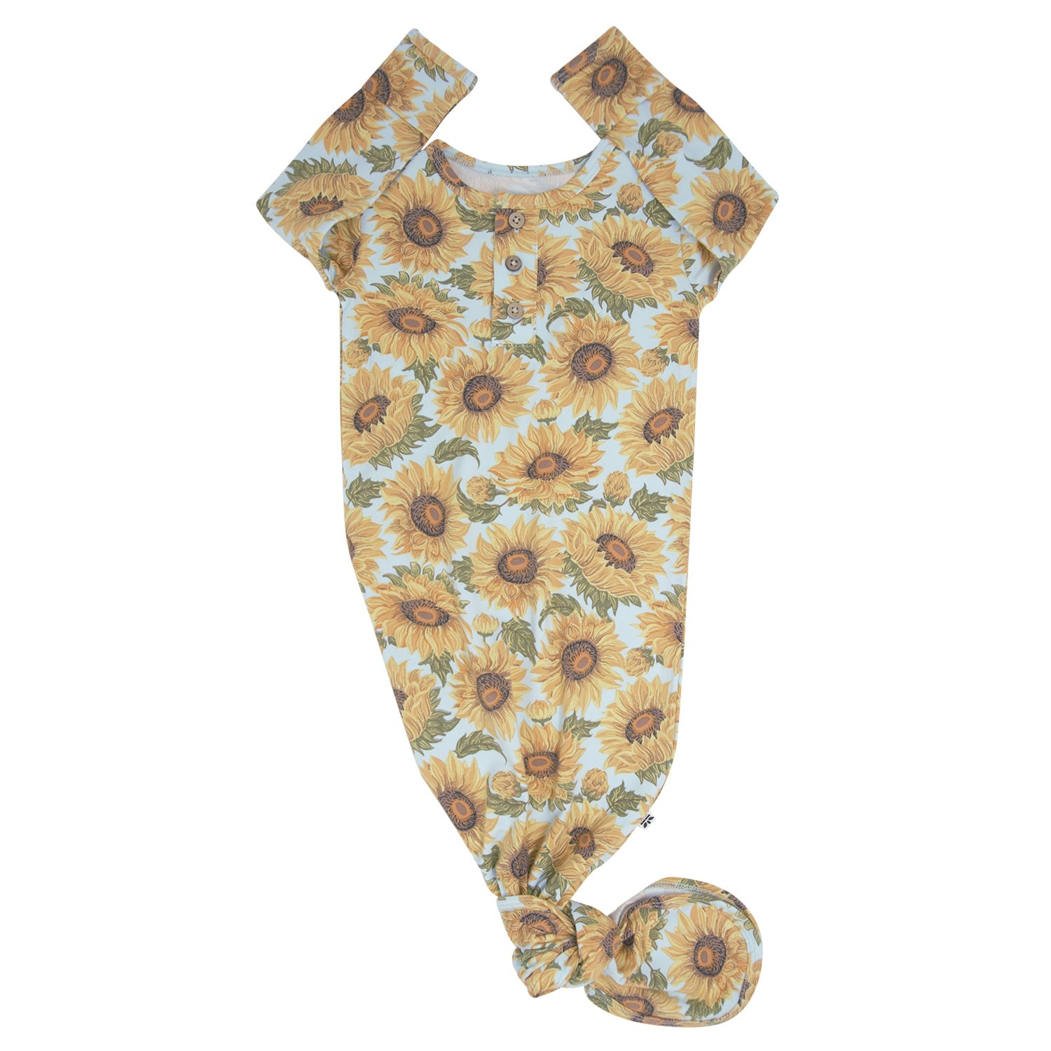 Sunflower print knotted baby gown, short sleeves, button front, gathered hem