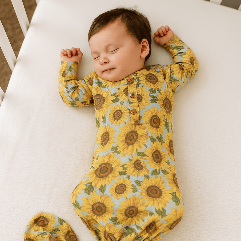 Sunflower print baby gown on child, long sleeves, button front, knotted waist