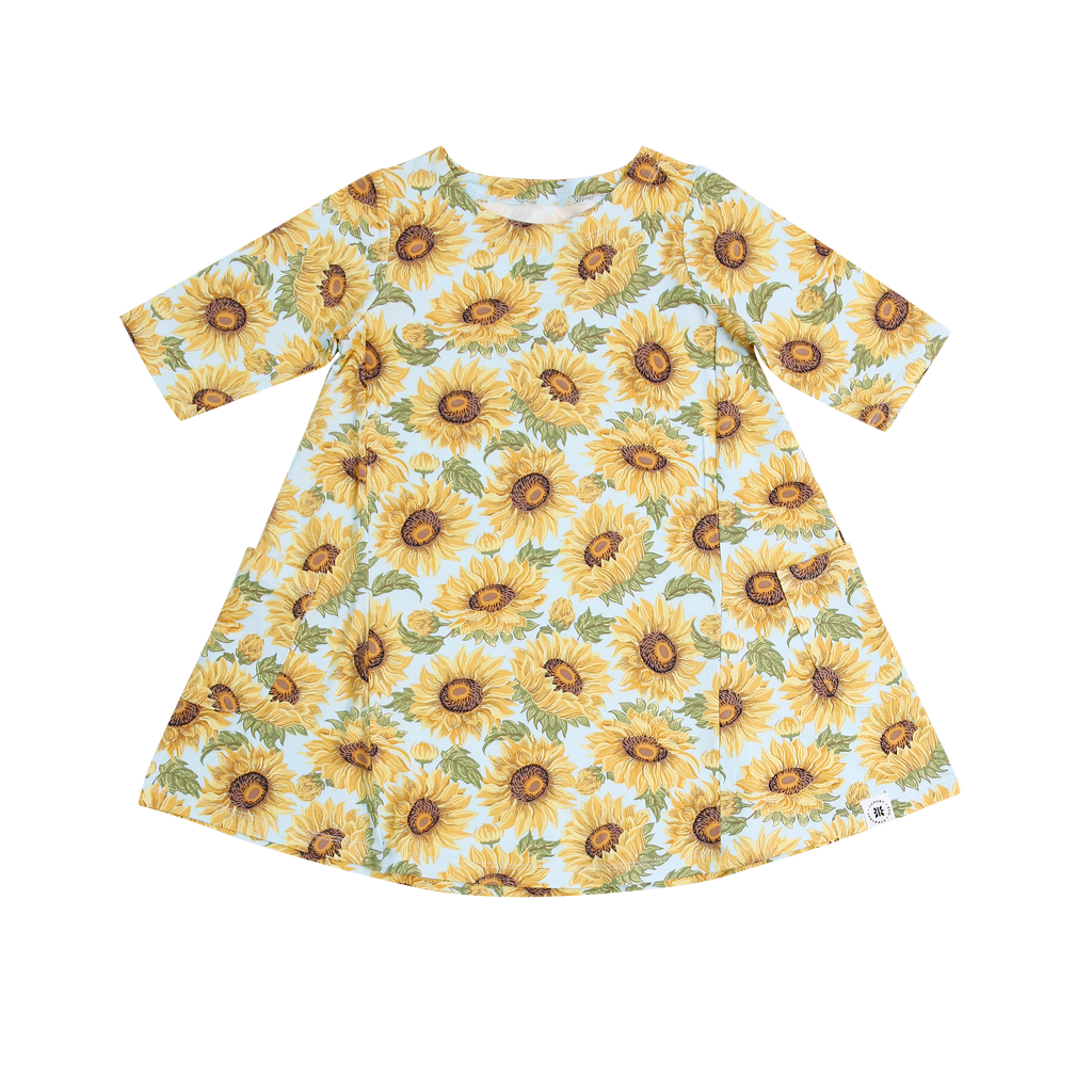 Sunflower print tunic dress with short sleeves and round neckline, full front view