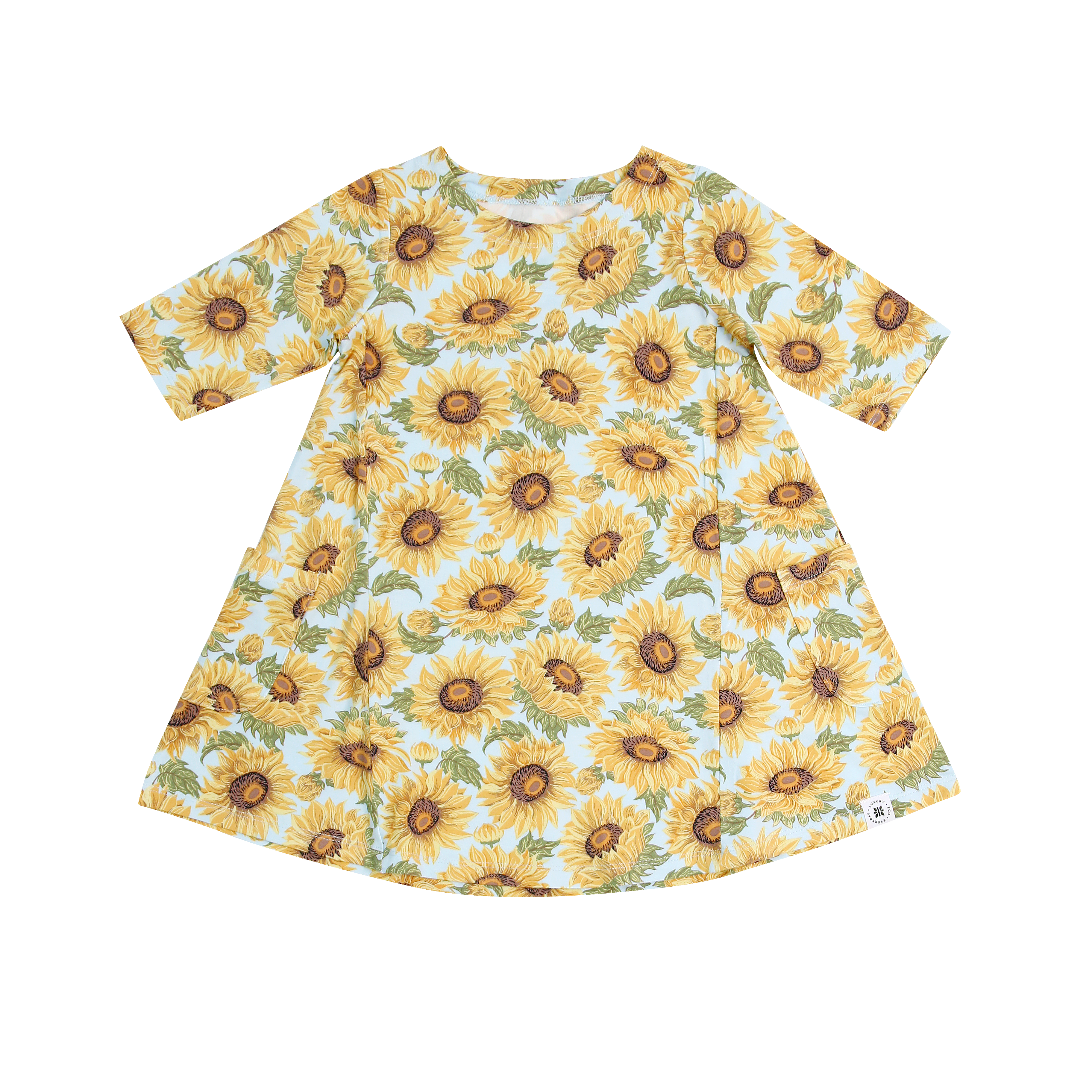 Sunflower print tunic dress with short sleeves and round neckline, full front view