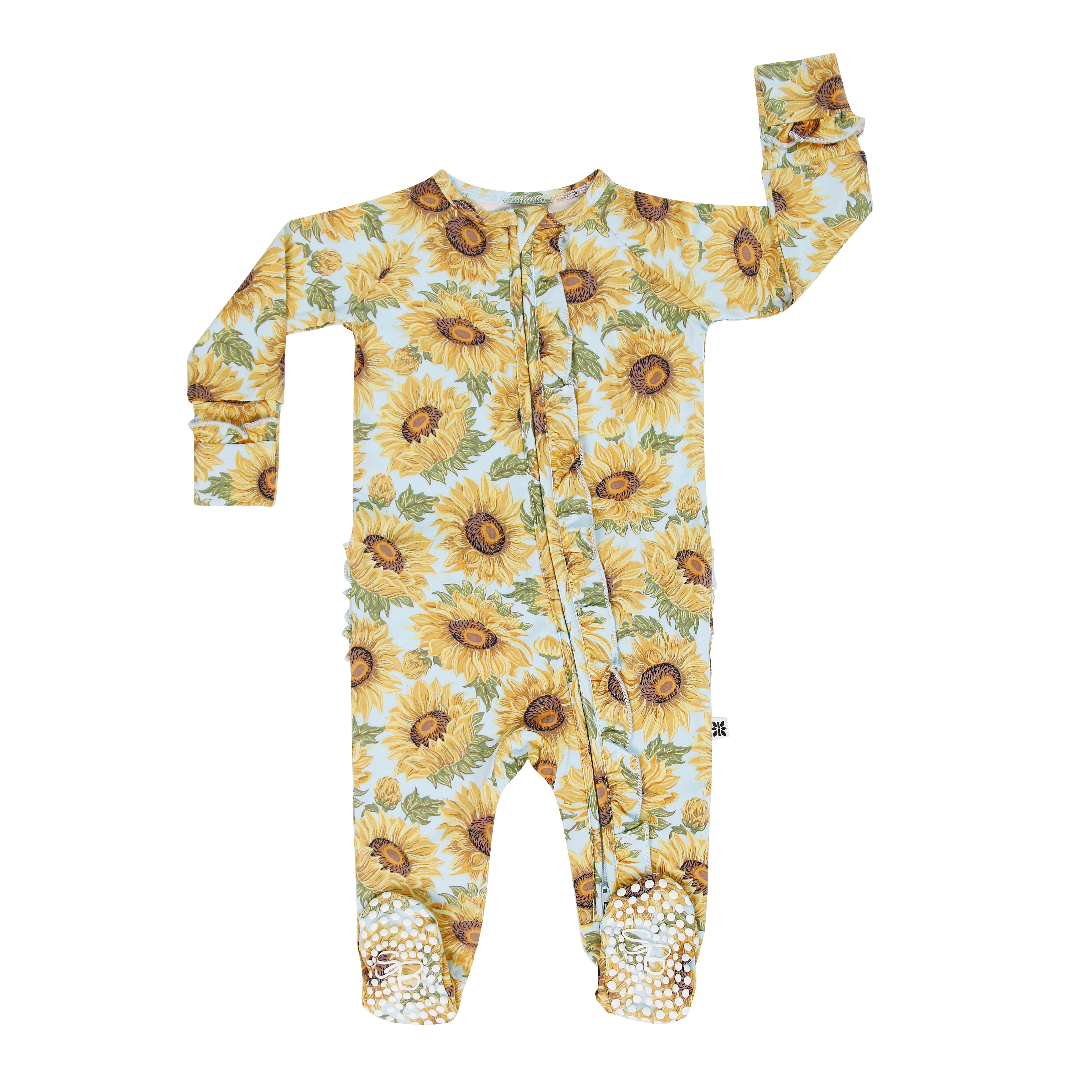 Sunflower ruffle footie with long sleeves, button front, and footed pant legs