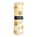 Sunflower swaddle blanket with yellow blooms and black centers, Sweet Bamboo label