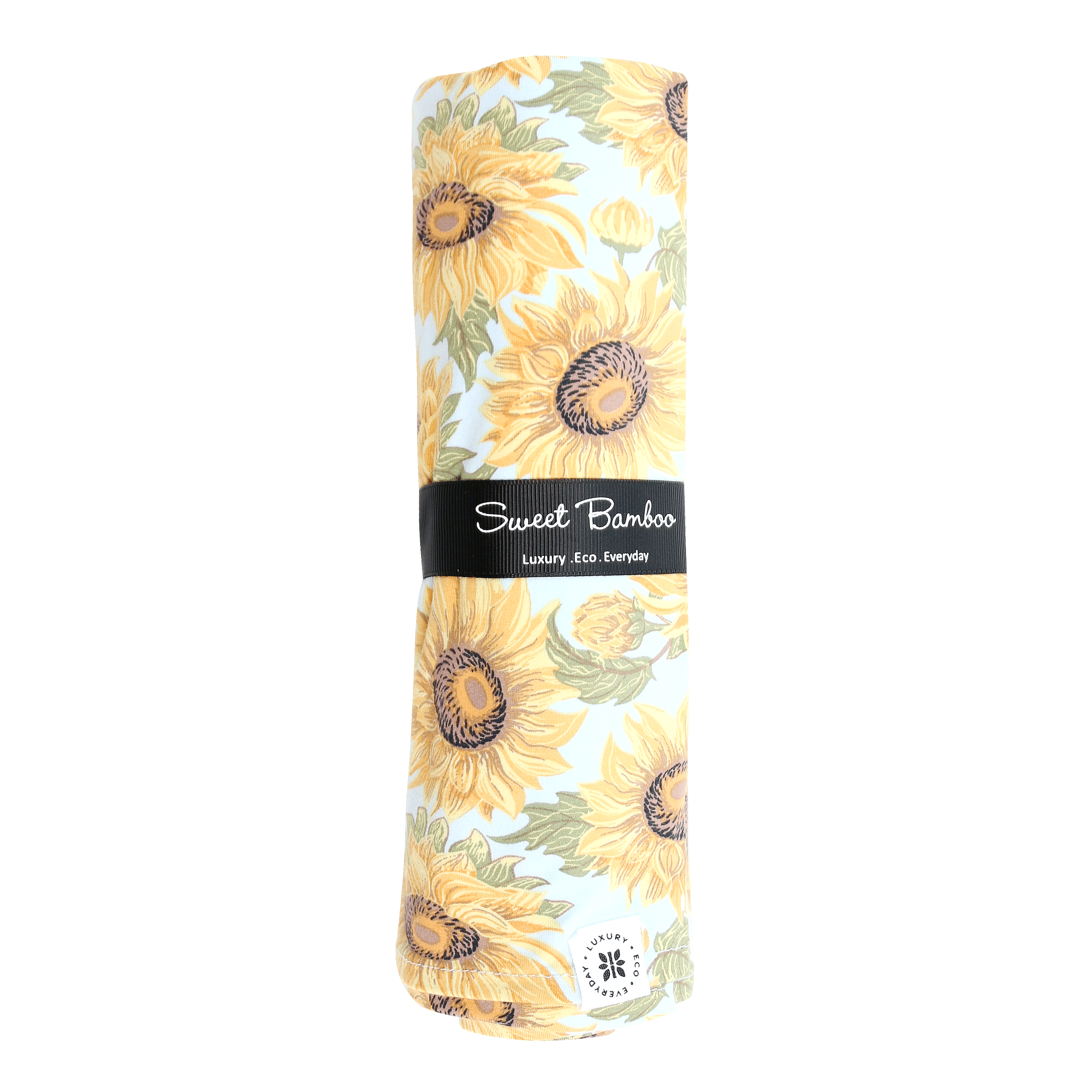 Sunflower swaddle blanket with yellow blooms and black centers, Sweet Bamboo label