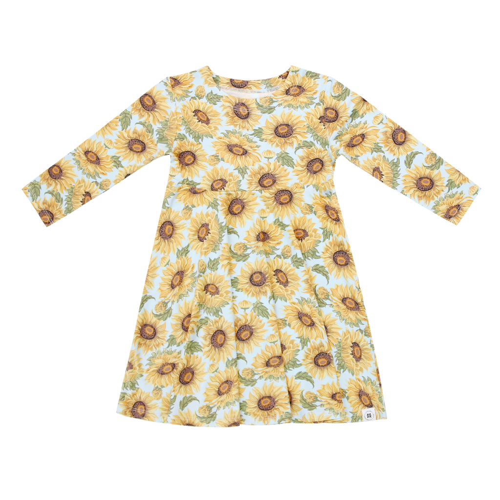 Girls long-sleeve sunflower print dress with crew neck, flared skirt, light base